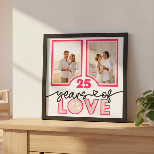 Framed photo album with '25 years of love' text and two blank pages.