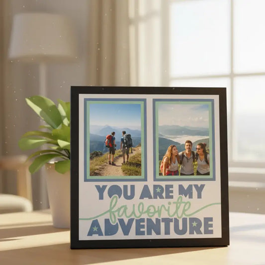 Printable scrapbook layout with text 'You are my favorite adventure' on a white background with green border.