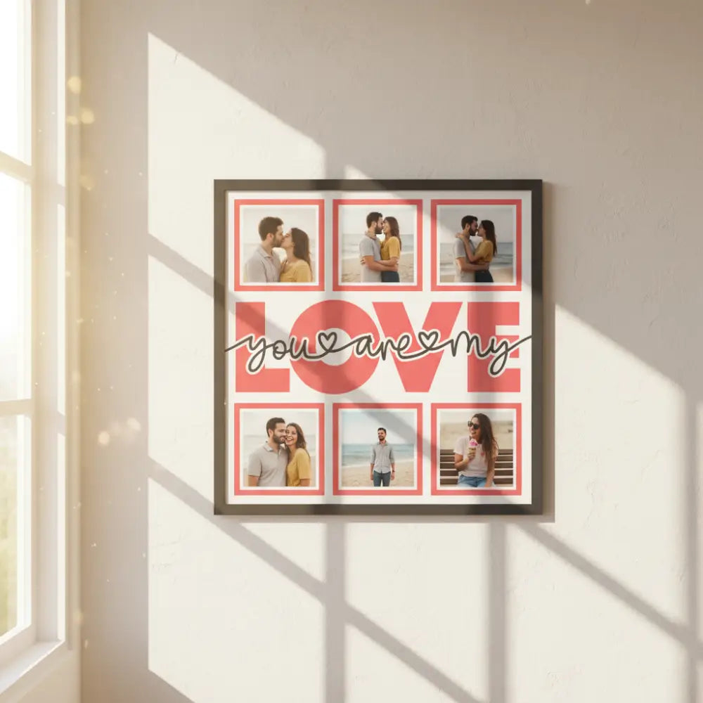 Decorative design with 'I love you' text and pink frames on a white background