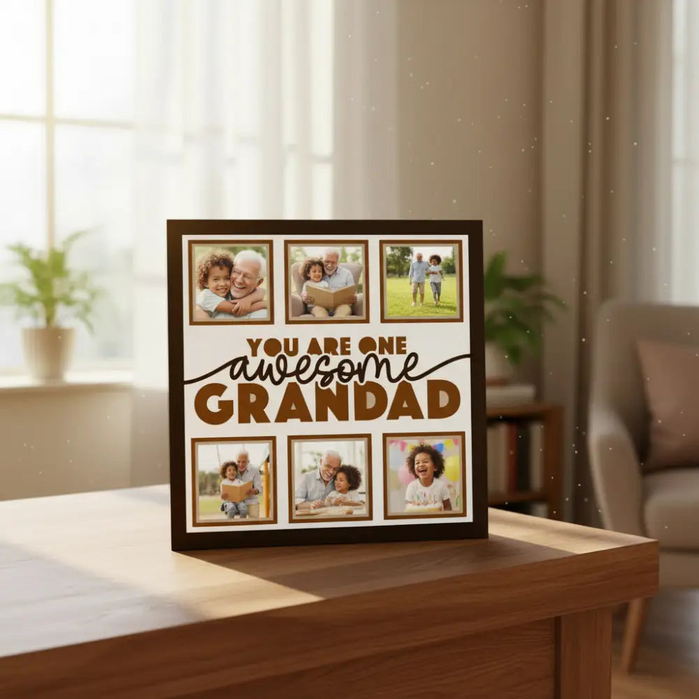 Decorative sign with 'You are one awesome grandad' text and five blank photo frames.