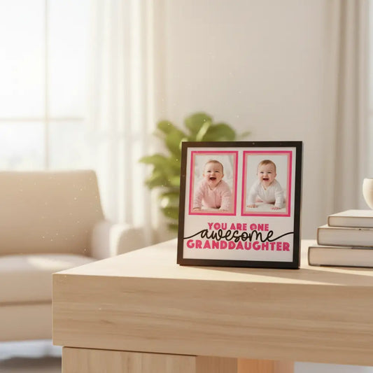 Framed artwork with two photo frames and text 'You are one awesome granddaughter' on a white background.