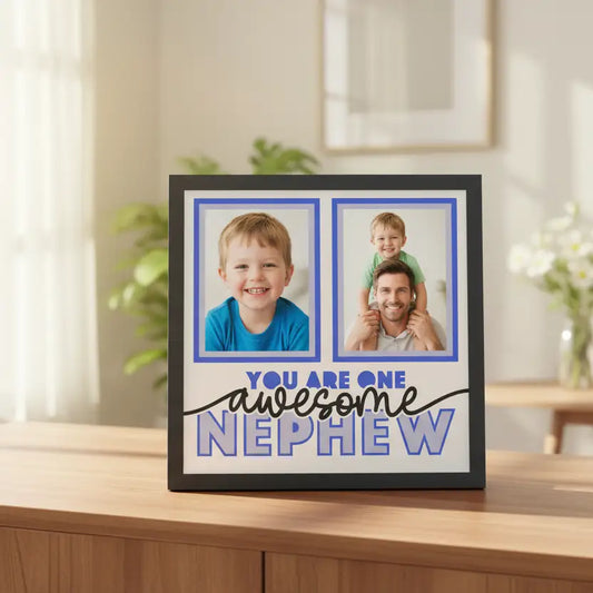 Design template with two blue frames and text 'You are one awesome nephew' on a white background.