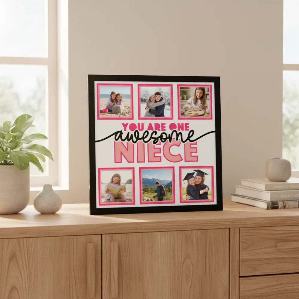 Decorative sign with text 'You are one awesome niece' and pink frames.