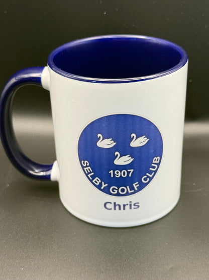 Dark blue personalised golf club mug with the name Chris