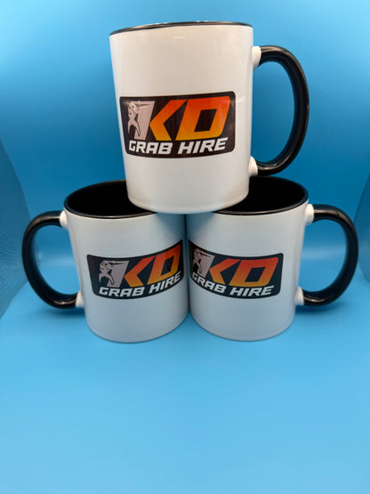 Personalised mugs with a business logo and black handles