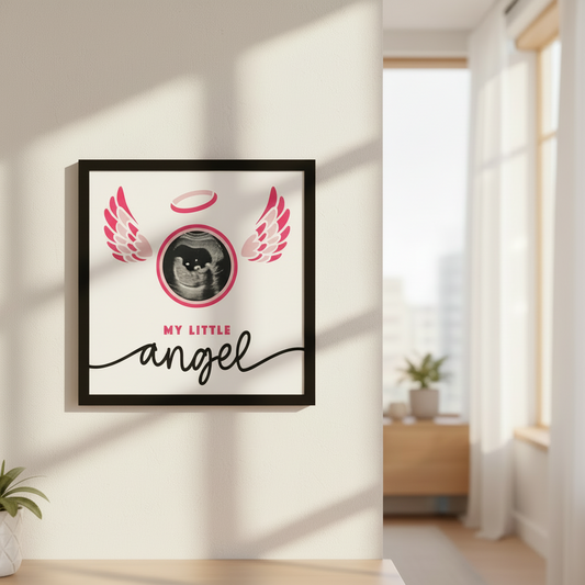 Decorative sign with angel wings and halo on a white background