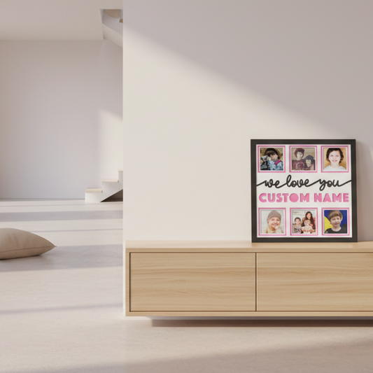 Personalized photo collage with 'we love you' text and space for custom name, featuring six photos of children.