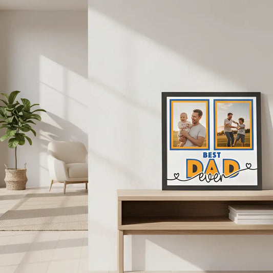 Two black photo frames with blue borders and 'Best Dad Ever' text on a white background.