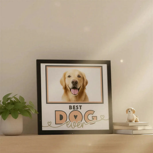 Decorative sign with 'Best Dog Ever' text and heart designs on a white background