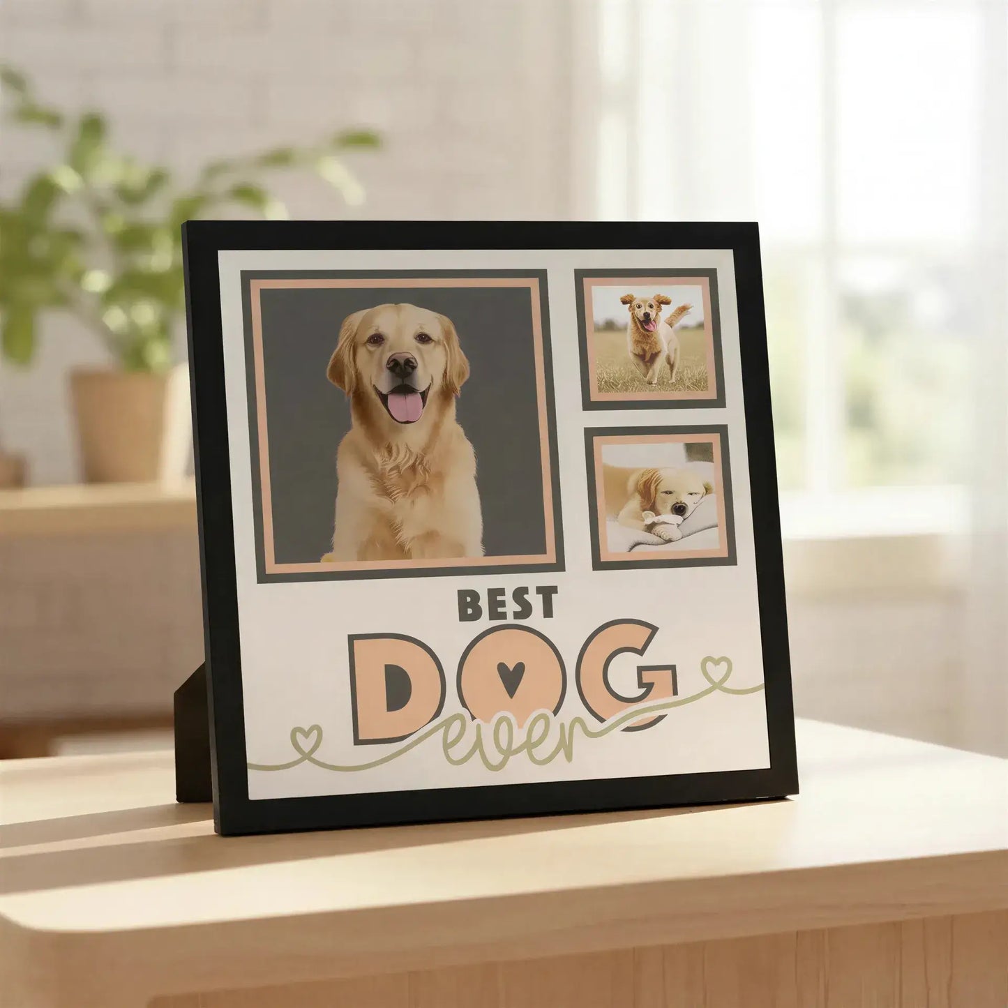 Design layout with text 'BEST DOG EVER' and photo frames on a beige border.