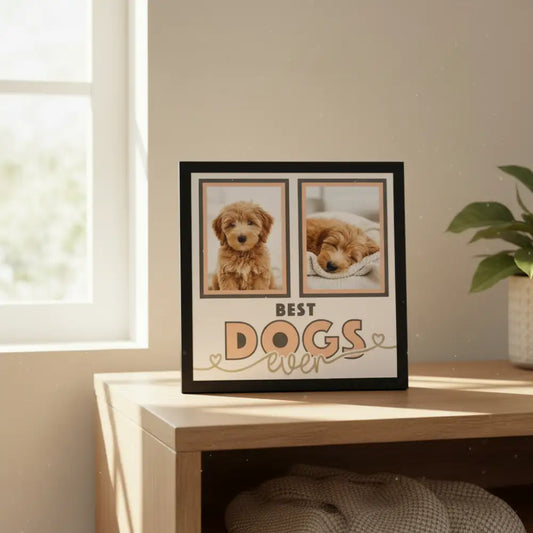 Two black photo frames with 'Best Dogs Ever' text on a white background