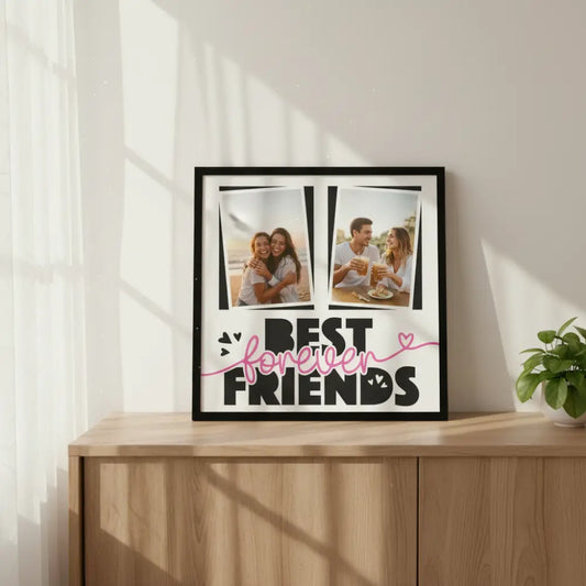 Two pink photo frames with 'Best Forever Friends' text on a white background
