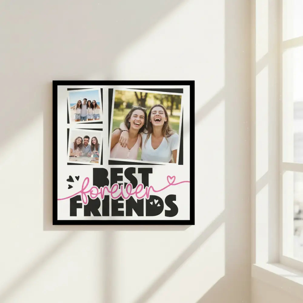 Design with 'Best Forever Friends' text and pink frames on a white background
