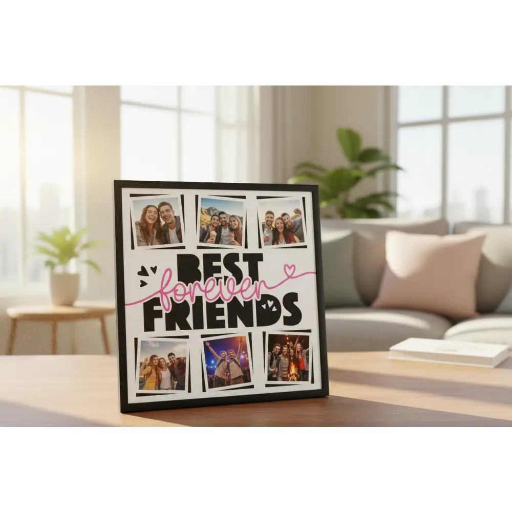 Decorative design with 'Best Forever Friends' text surrounded by pink and black frames on a light gray background.