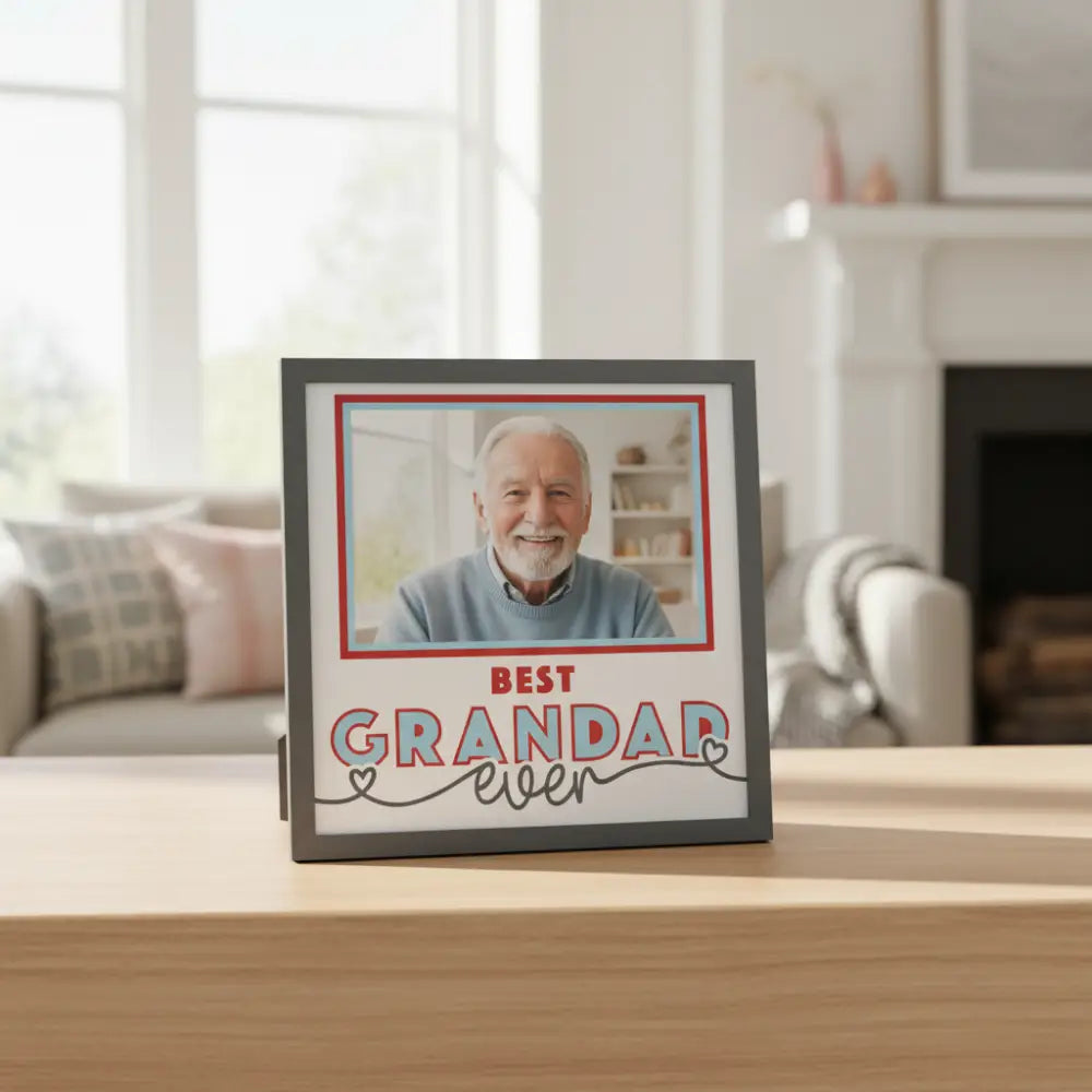 Decorative sign with 'Best Grandad Ever' text and red square for photo insertion.