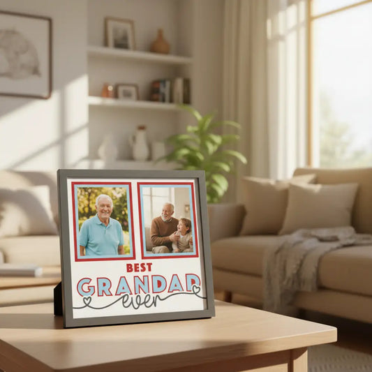 Design template for a photo album with 'Best Grandad Ever' text and two red frames.