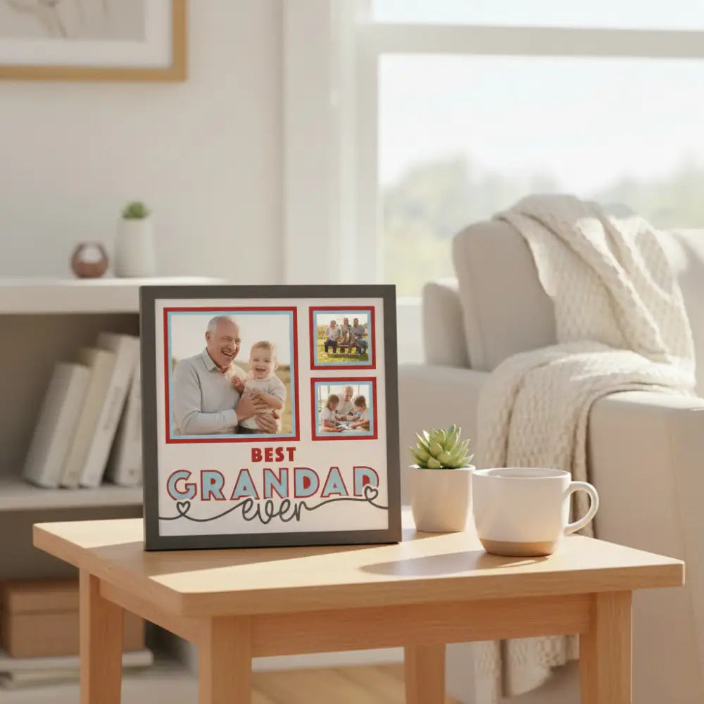 Design for a photo album page with 'Best Grandad Ever' text and red square frames.