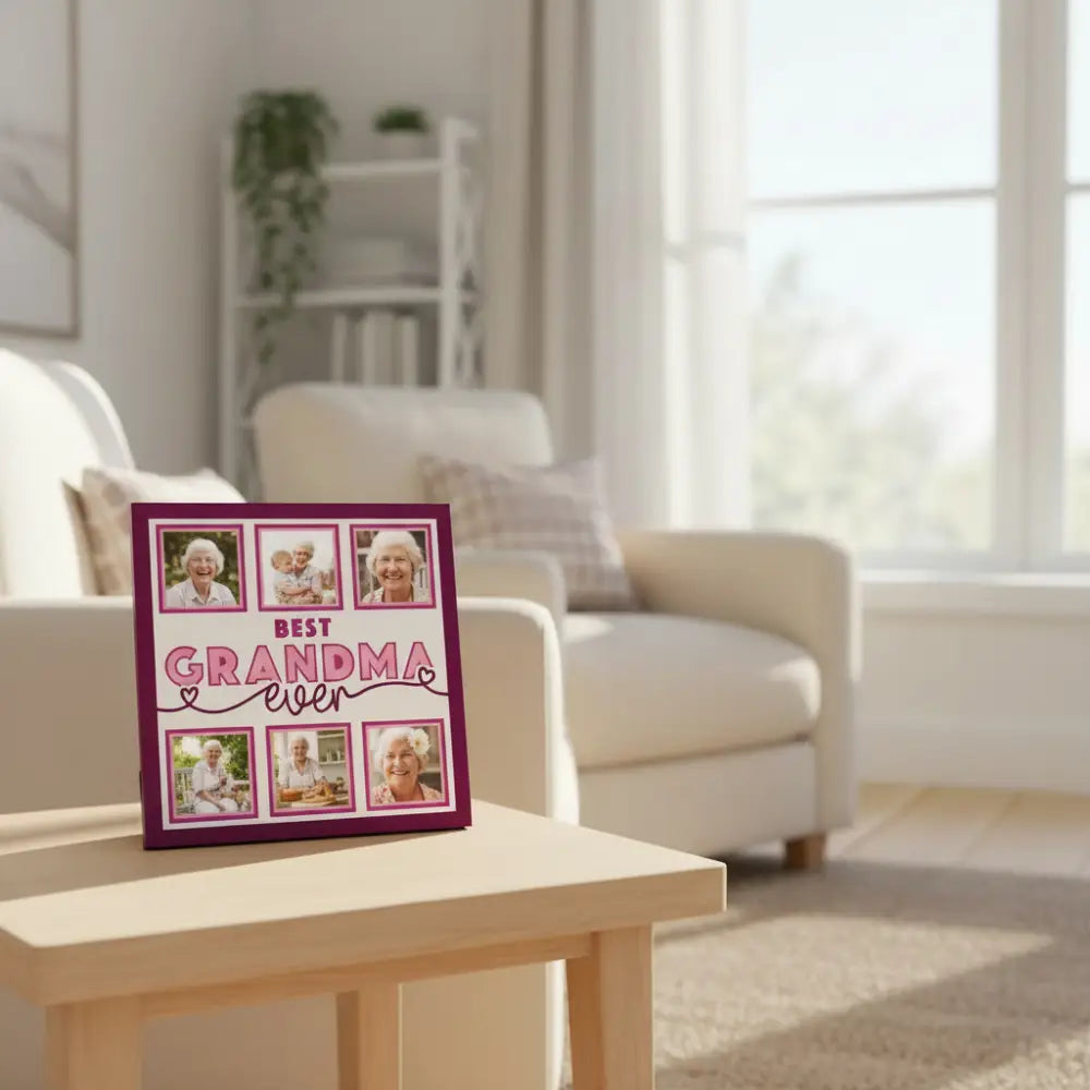 Template for a photo album page with 'Best Grandma Ever' text and pink frames.