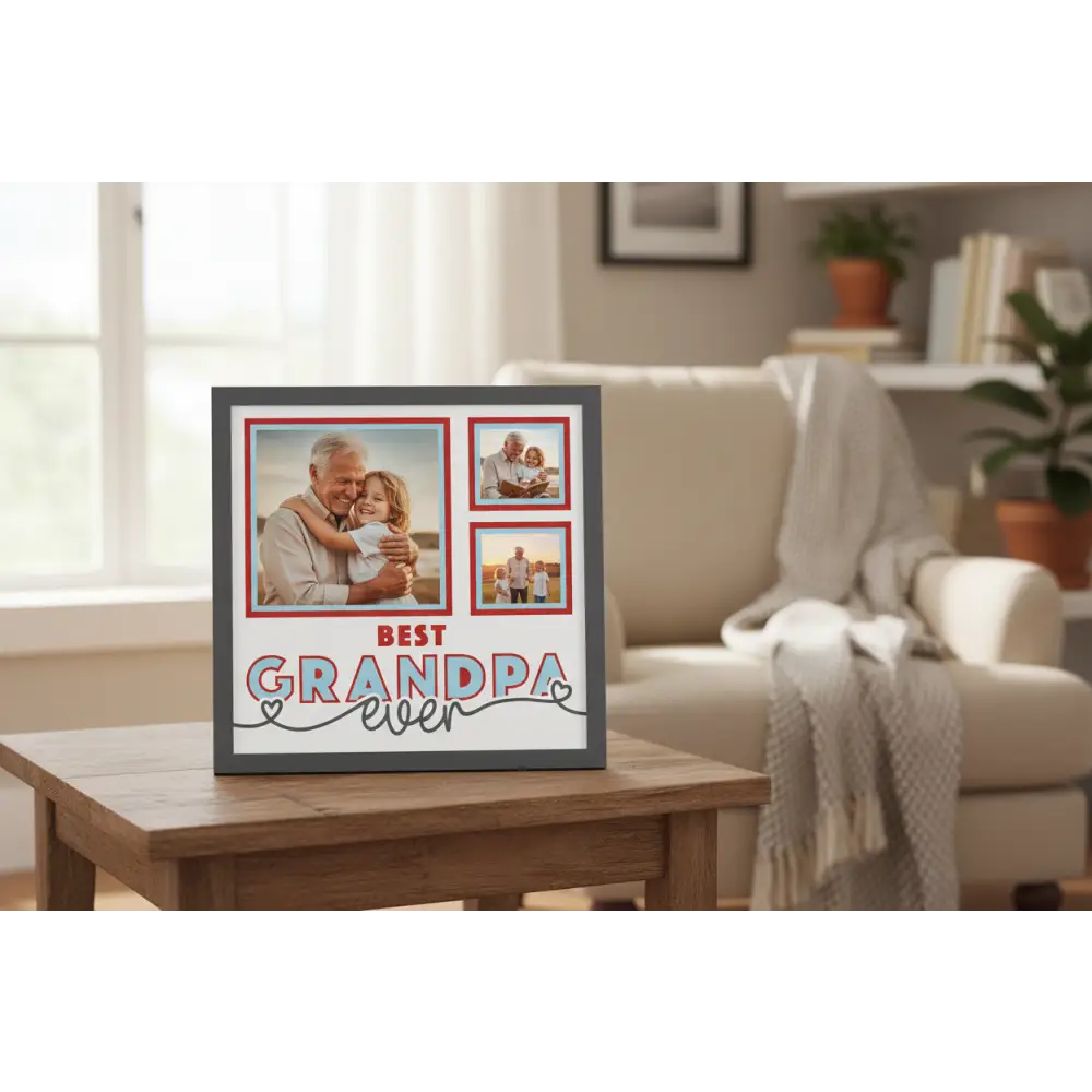 Design template with 'Best Grandpa Ever' text and red square frames on a white background.