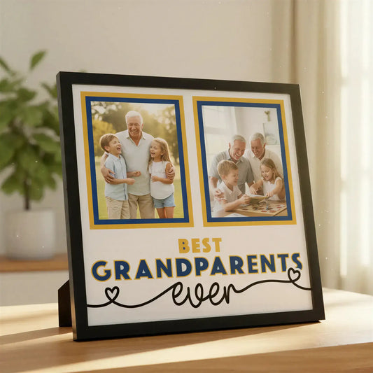 Two photo frames with blue and gold borders and text 'Best Grandparents Ever' on a white background.