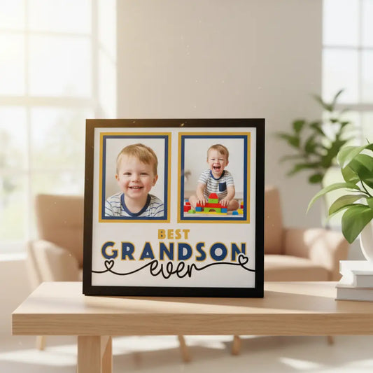 Two photo frames with blue and gold borders and text 'Best Grandson Ever' on a white background.