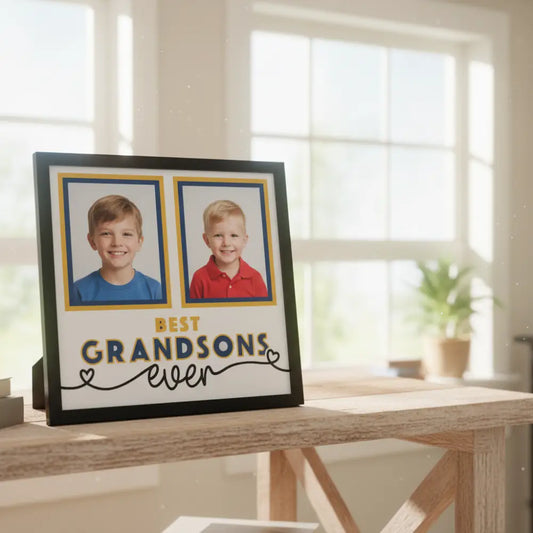 Two photo frames with blue borders and text 'Best Grandsons Ever' on a white background.