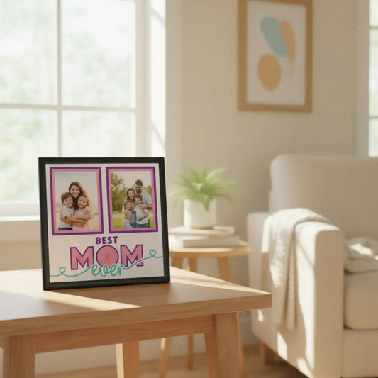 Design template for a frame with 'Best Mom Ever' text and pink frames on a blue border.