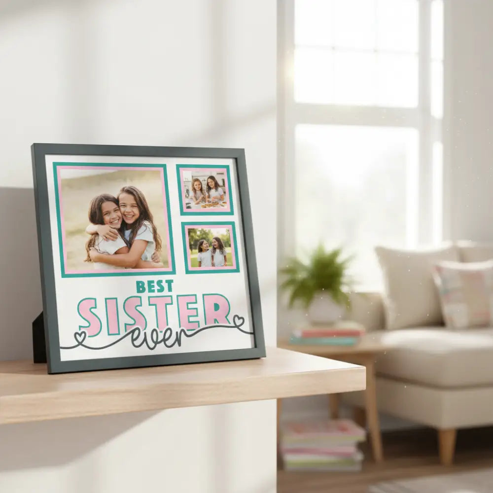 Design layout with teal frames and 'Best Sister Ever' text on a white background