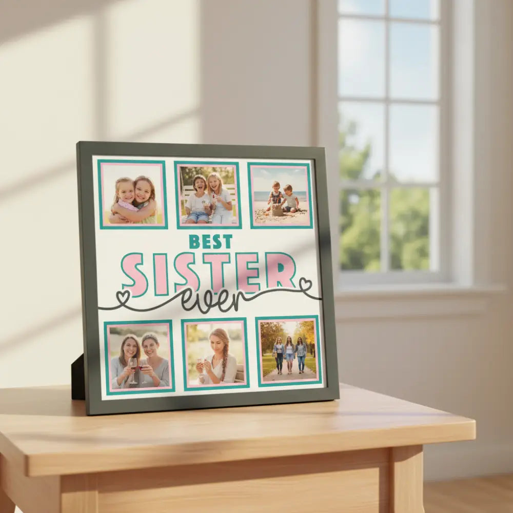 Design template for scrapbooking with 'Best Sister Ever' text and teal frames.