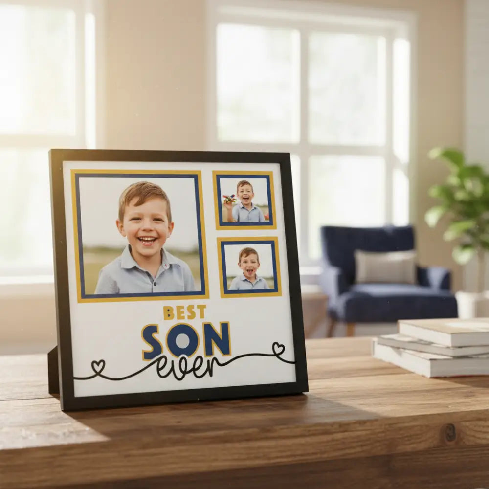 Decorative photo frame with 'Best Son Ever' text and three photo slots.