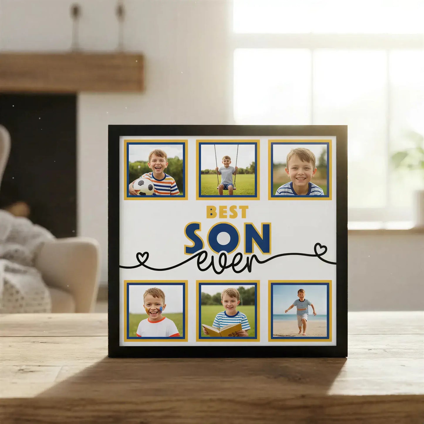 Decorative wall art with 'Best Son Ever' text and photo frames.