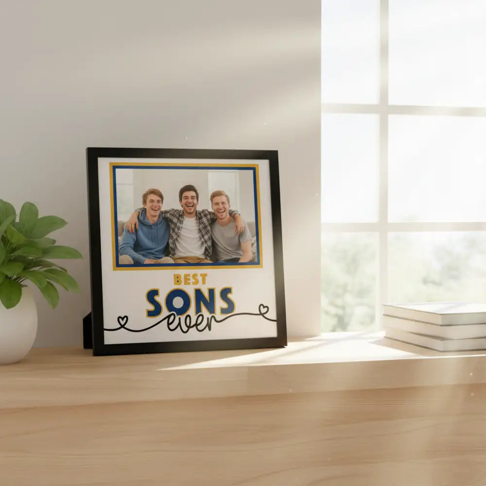 Decorative sign with 'Best Sons Ever' text and heart designs on a white background.