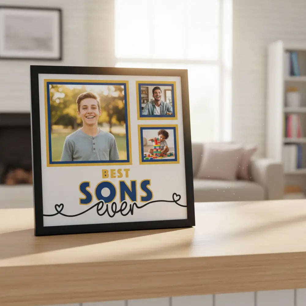 Decorative wall art with three photo frames and 'Best Sons Ever' text.