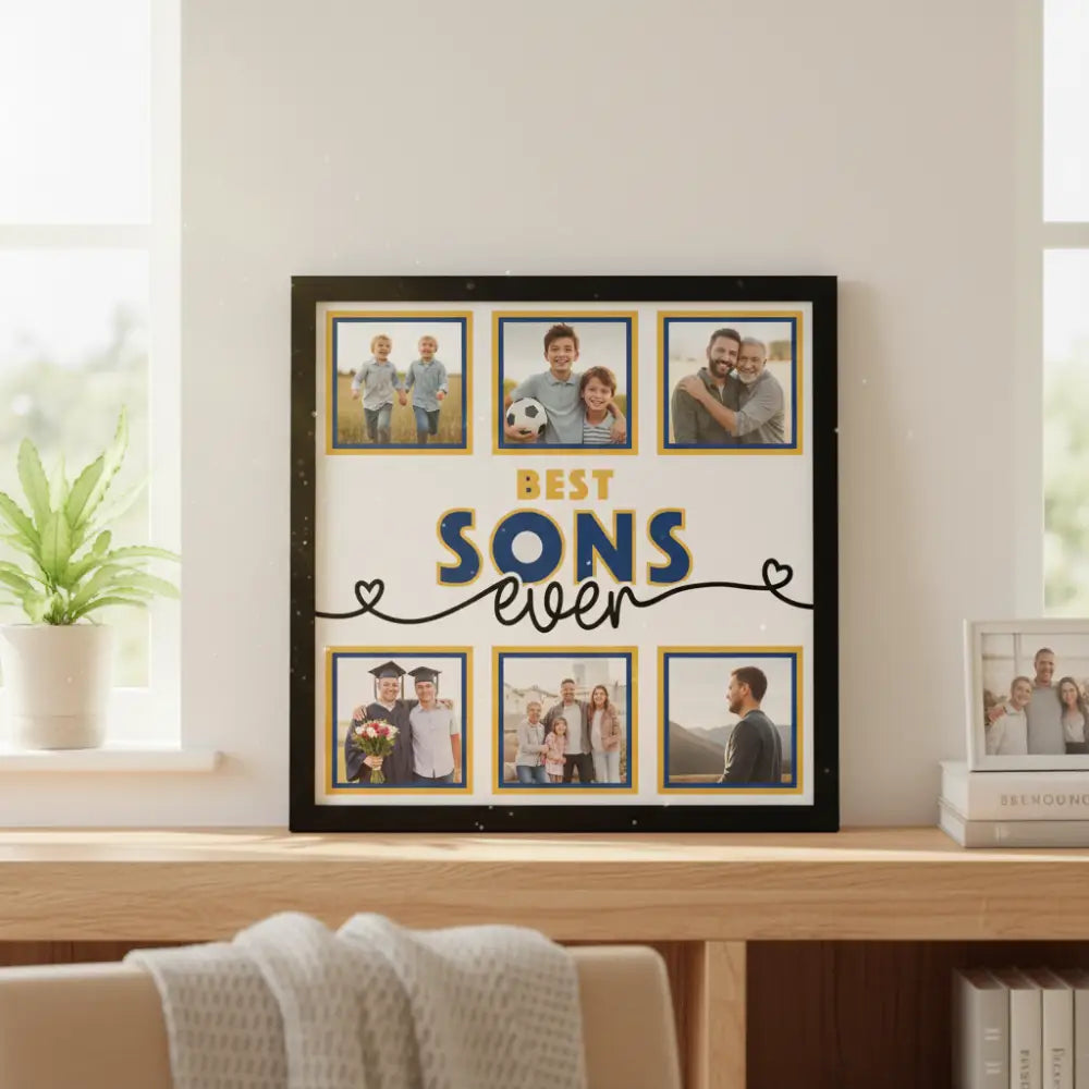 Decorative photo album page with 'Best Sons Ever' text and six photo frames.