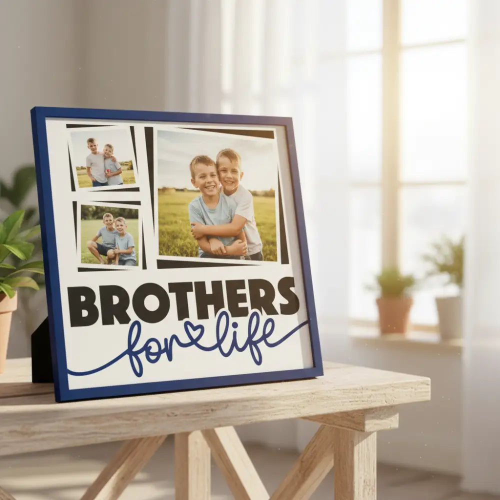 Design template with 'Brothers for life' text and gray photo frames on a white background.