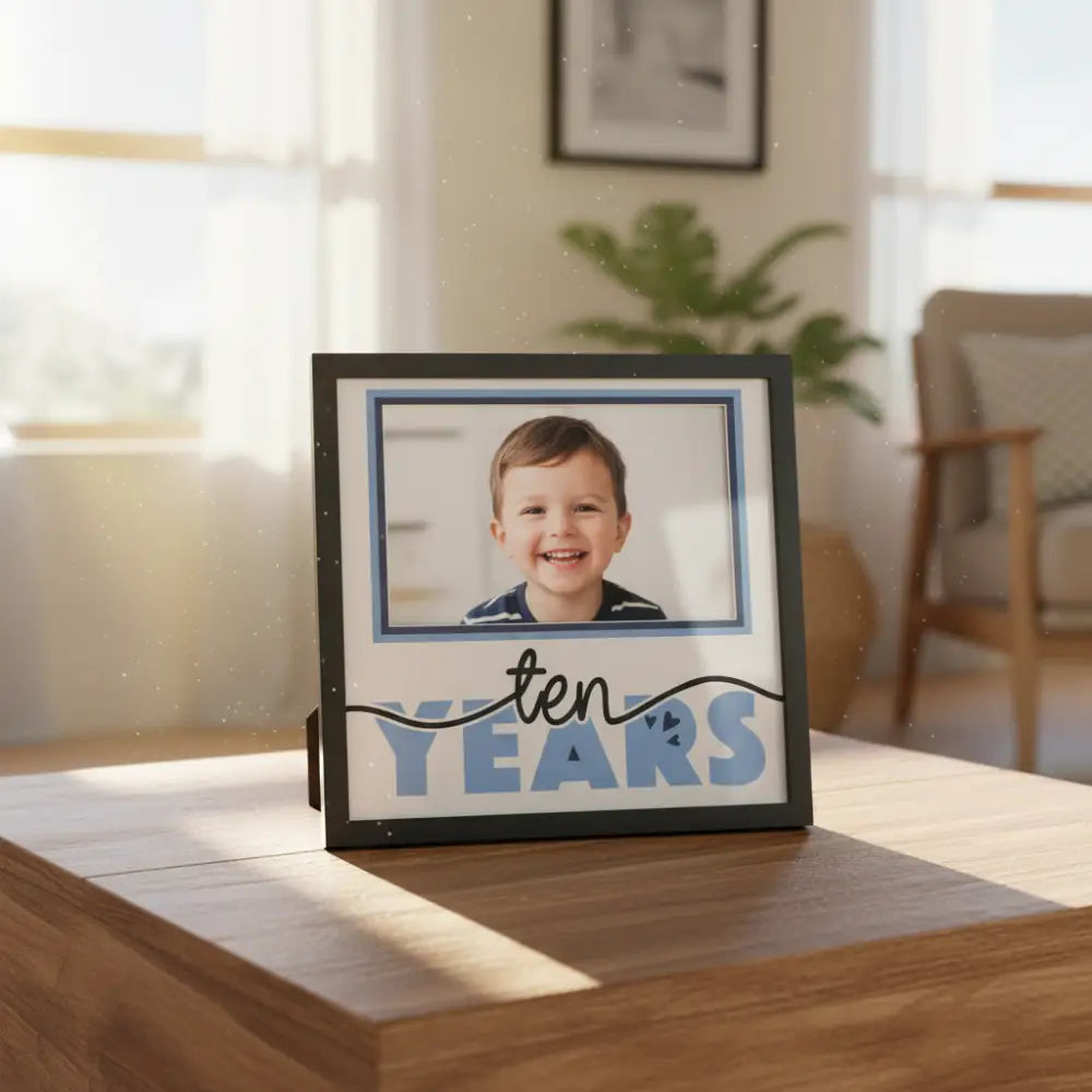 Decorative design with 'ten years' text and blue frame on a white background