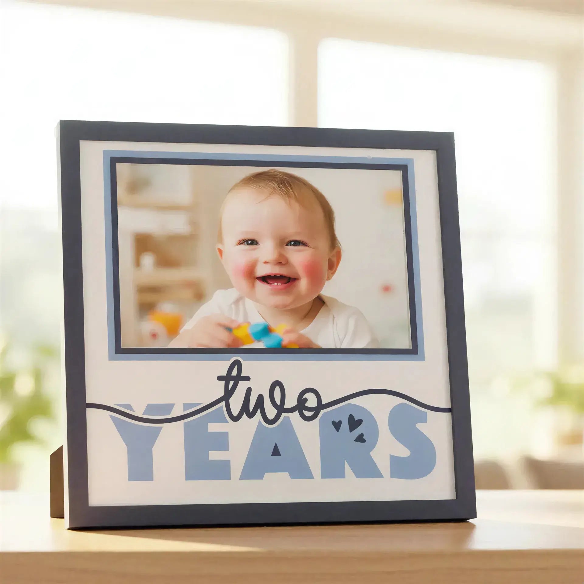 Design element with 'two years' text and decorative elements on a white background