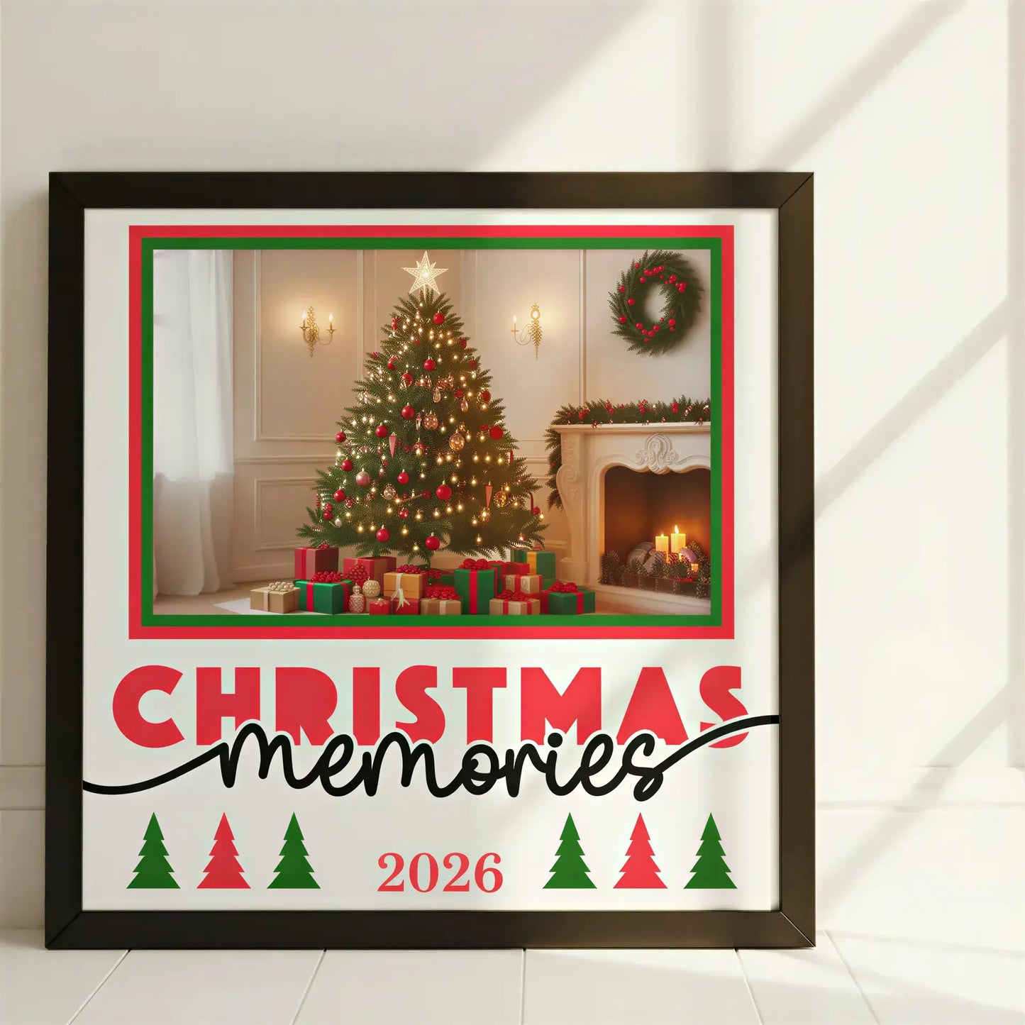 Decorative sign with 'Christmas memories' text and Christmas tree graphics on a white background.