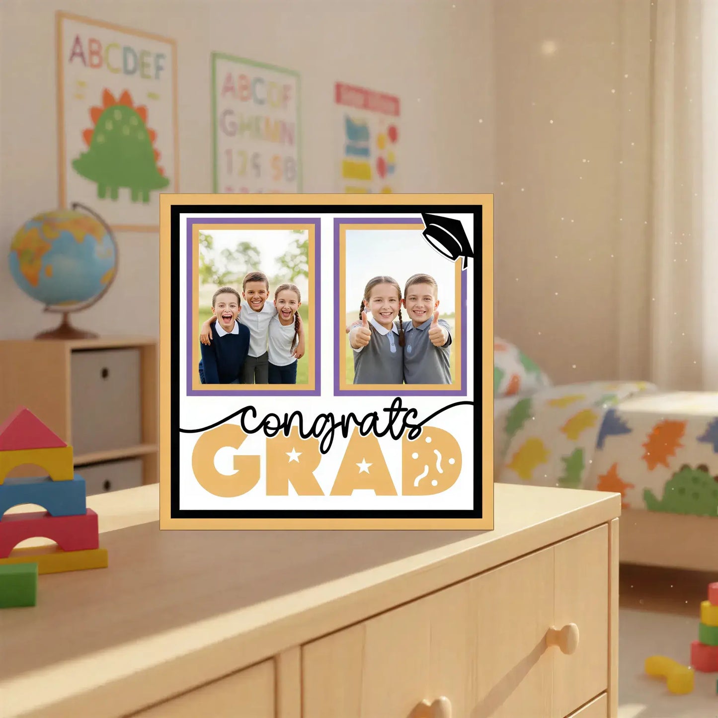 Graduation-themed photo frame with 'Congrats GRAD' text and a graduation cap on a white background.