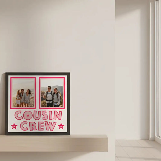 Two pink frames with 'Cousin Crew' text on a white background