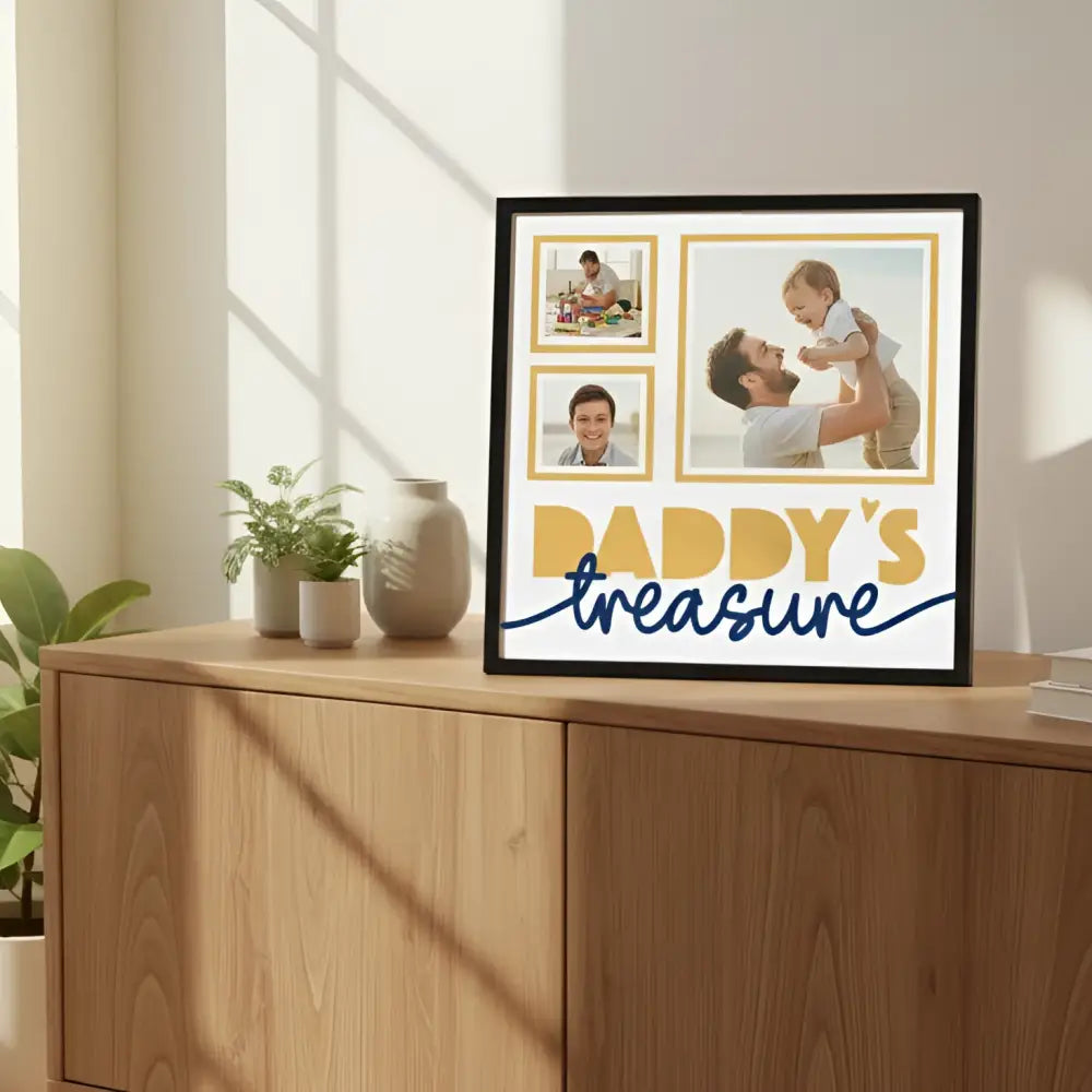 Design with gold frames and 'Daddy's treasure' text on a white background