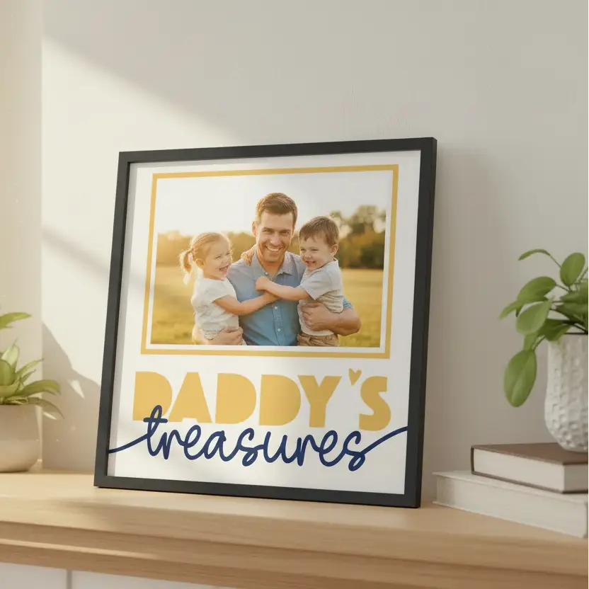 Placeholder card with 'Daddy's Treasures' text and a yellow square for photo insertion.