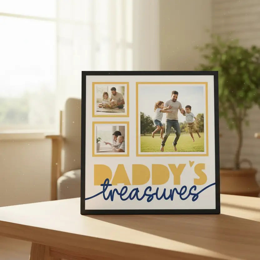 Decorative design with gold frames and 'Daddy's Treasures' text on a white background
