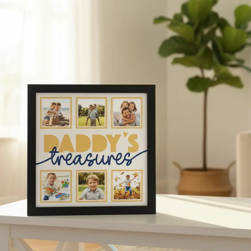 Decorative sign with 'Daddy's Treasures' text and placeholders for photos.