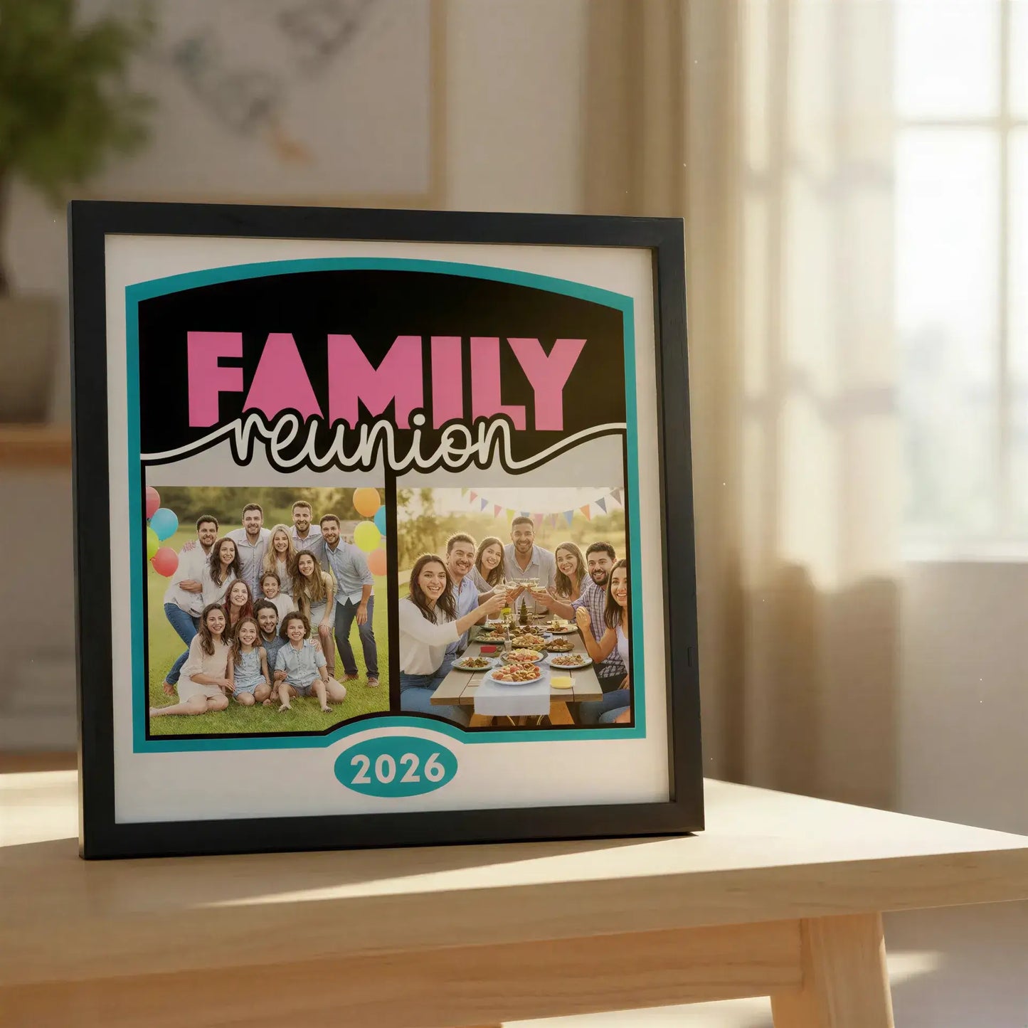 Open book graphic with 'FAMILY reunion' text on a white background