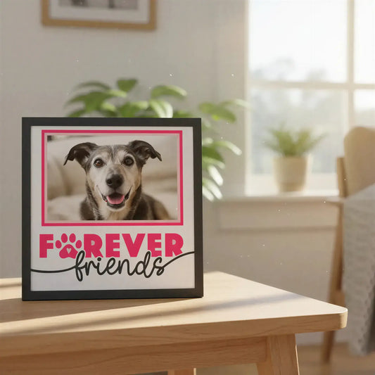 Decorative frame with 'Forever Friends' text and paw print design on a white background.