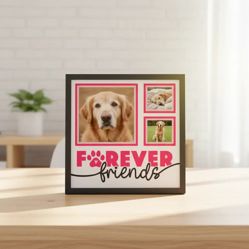 Decorative photo album with three pink frames and 'Forever Friends' text on a white background.