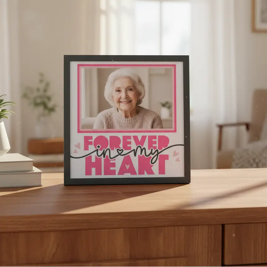 Decorative design with 'Forever in my heart' text on a white background