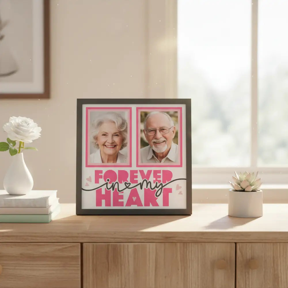 Memorial frame with 'Forever in my heart' text and pink frames on a white background