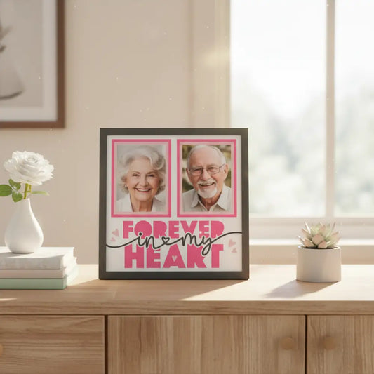 Memorial frame with 'Forever in my heart' text and pink frames on a white background